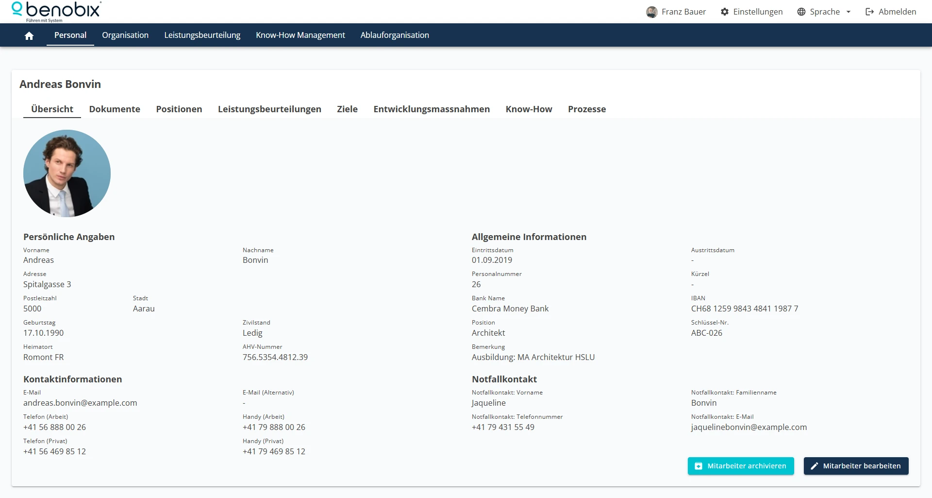benobix digitales Personaldossier mit zentralen Personalinformationen