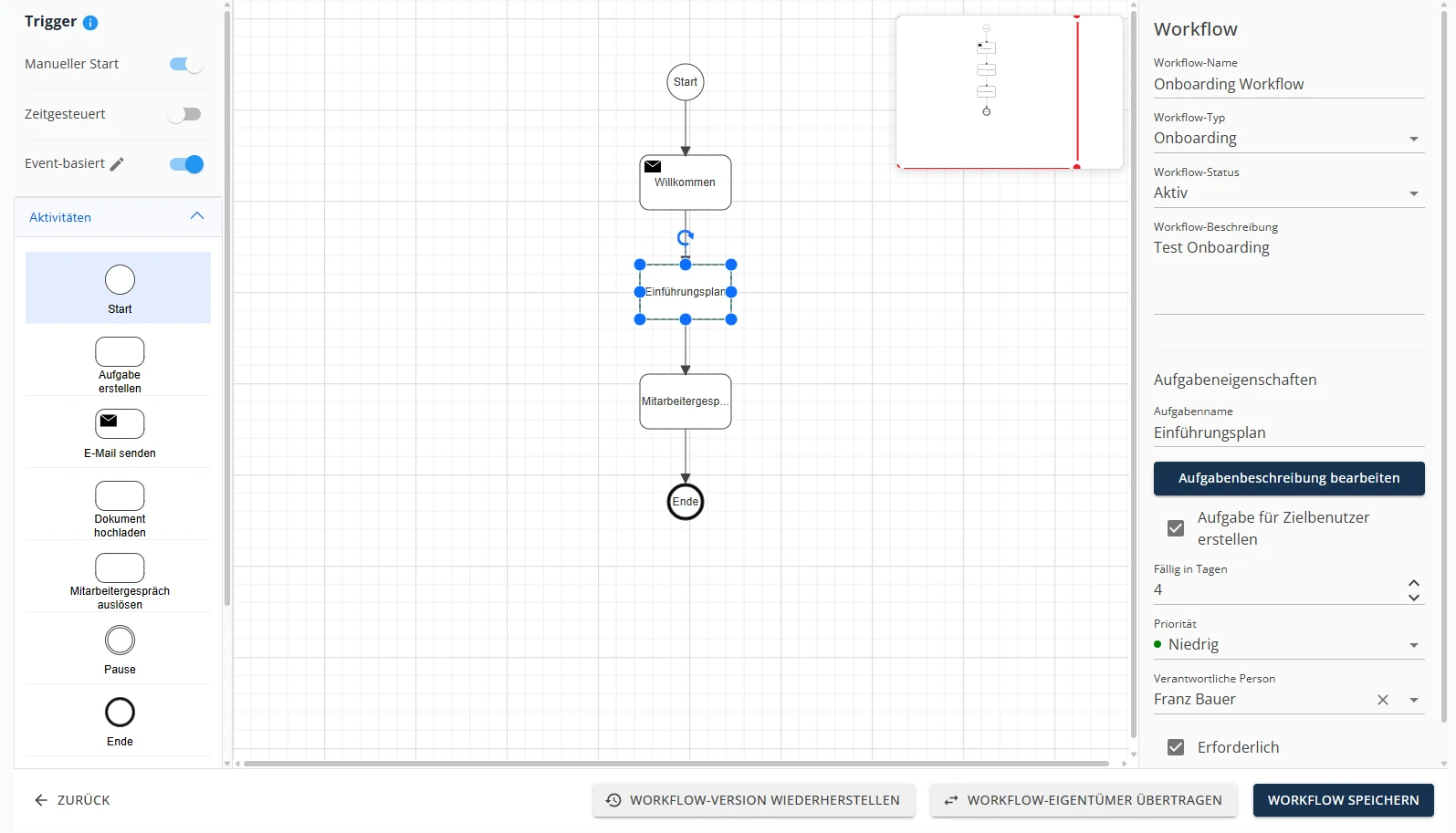benobix Produktansicht zur Erstellung von Workflows mit Auslösern und Aufgaben