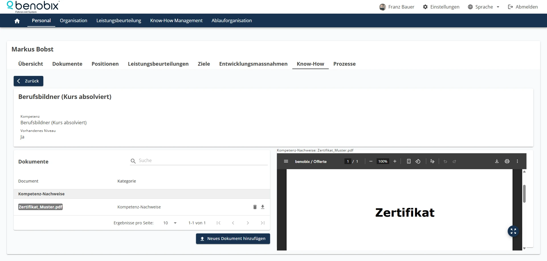 benobix Produktansicht: Know-how-Management und Wissensübersicht